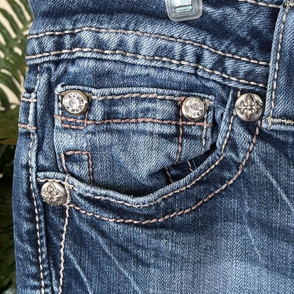 Miss Me Vintage Rhinestone Studded Y2K Mid Rise Bootcut Denim Washed Blue Jeans - Picture 7 of 16